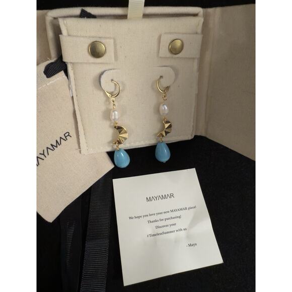 MAYAMAR Turquoise & Genuine Freshwater Pearl Drop Earrings -$138 MSRP - NEW - Picture 2 of 6